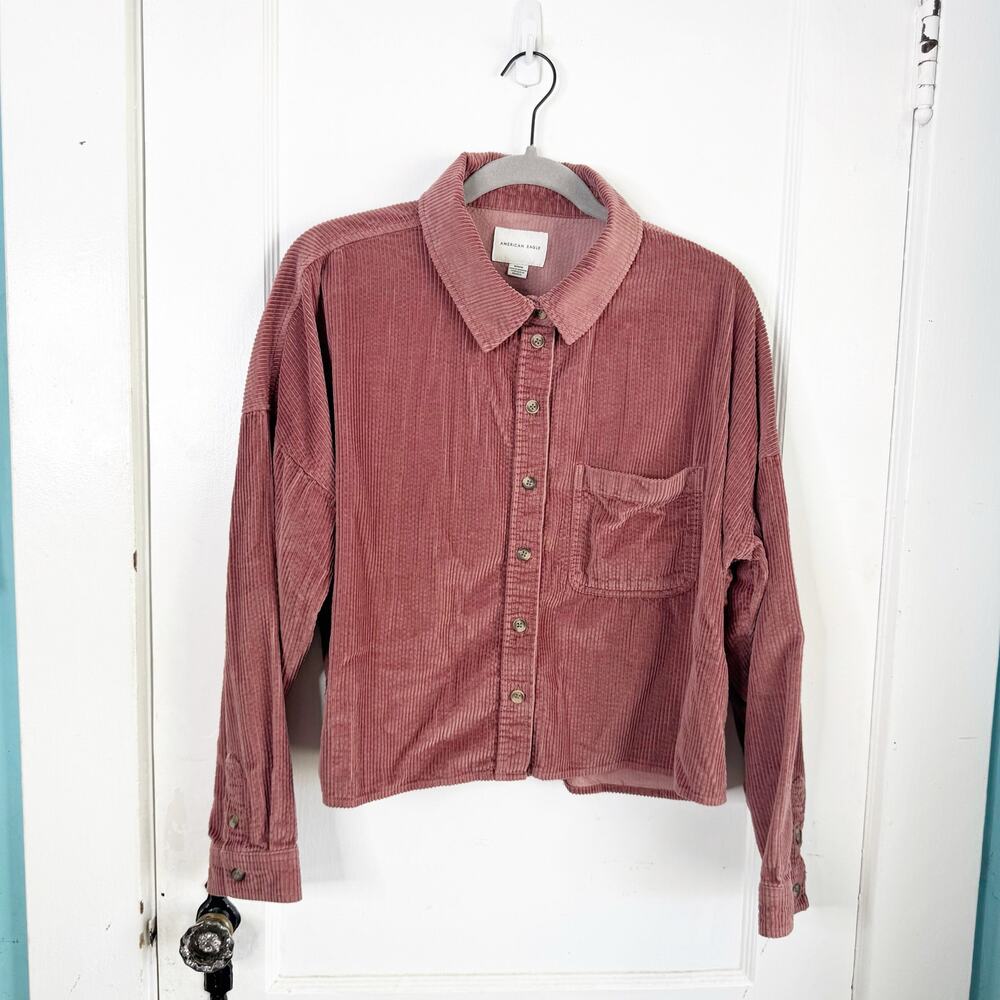 American Eagle AE Dusty Rose Collared Corduroy Top Cropped Button Down Size M